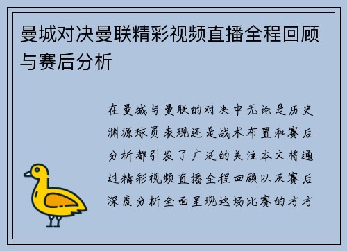 曼城对决曼联精彩视频直播全程回顾与赛后分析
